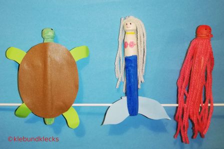 Quallen, Schildkröte und Meerjungfrau aus Wäscheklammern
