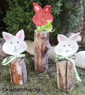 Garten-Hasen aus Holz und Modelliermasse